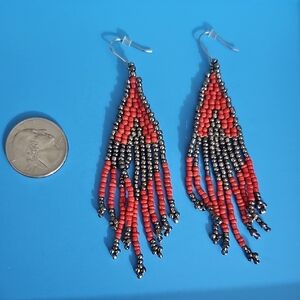Elegant Beaded Earrings in Red and Silver